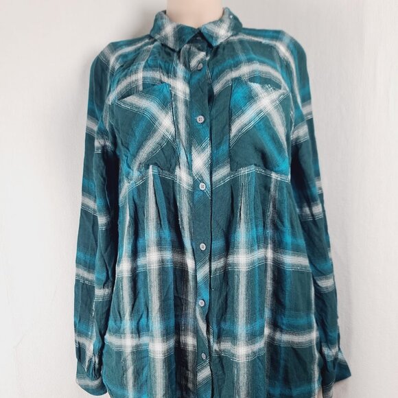 Caffe Marrakesh Women's Teal White Plaid Long Sleeve Button Up Shirt Size M - Picture 2 of 12